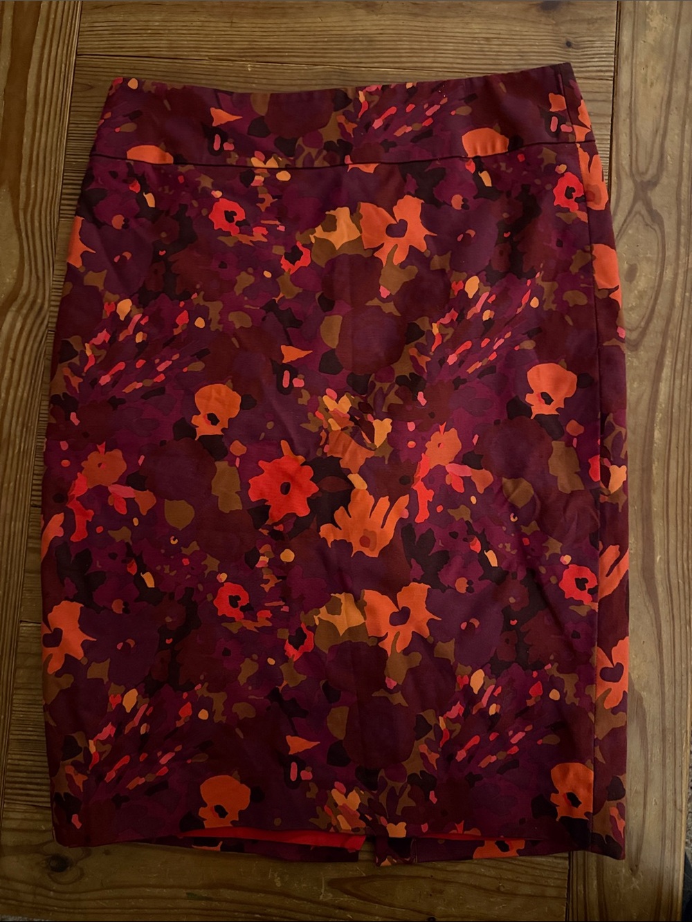 Ann Taylor Loft Maroon Floral Pencil Skirt with Orange Accents